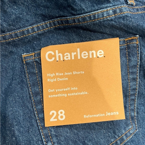 NWT Reformation Charlene High Rise Cutoff Denim Jean Shorts Cesme Dark Blue - Picture 7 of 8